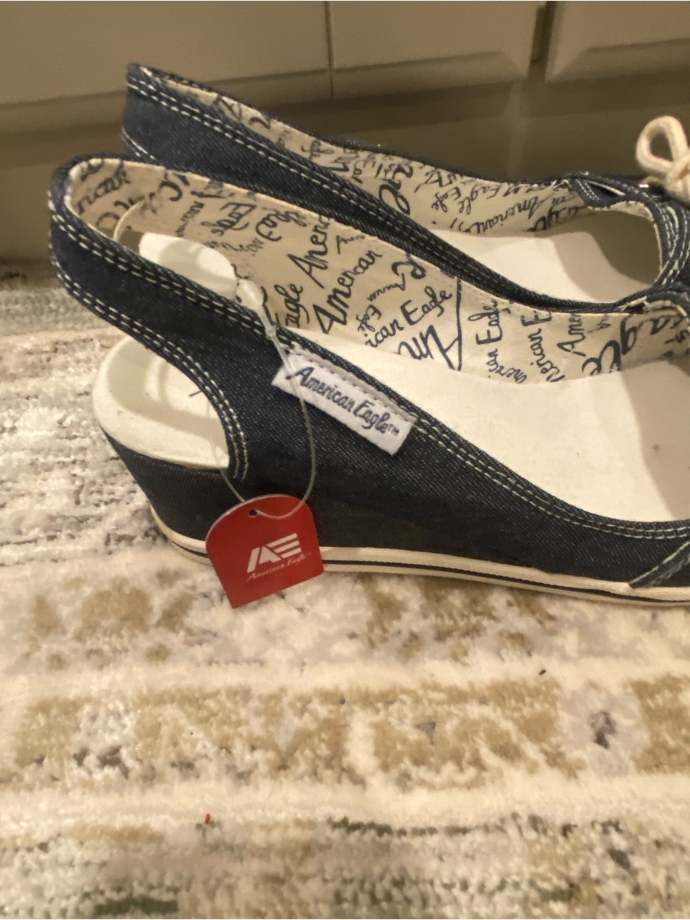 American Eagle Outfitters Navy Denim Slingback Wedge with Rope Bow - Picture 4 of 4